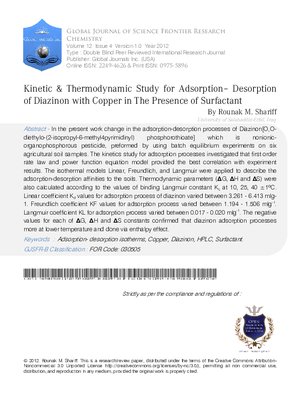 Kinetic and Thermodynamic study for Adsorption a Desorption of Diazinon with copper in the presence of Surfactant