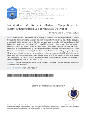 Optimization of Nutrient Medium Composition for Entomopathogens Bacillus Thuringiensis Cultivation