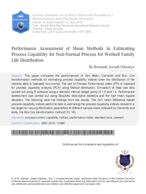 Performance Assessment of Mean Methods in Estimating Process Capability for Non-Normal  Process for Weibull Family Life Distribution
