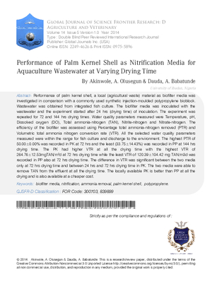 Performance of Palm Kernel Shell as Nitrification Media for Aquaculture Wastewater at Varying Drying Time