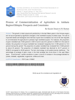 Process of Commercialization of Agriculture in Amhara Region-Ethiopia:  Prospects and Constrains