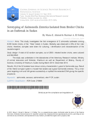 Serotyping of Salmonella Enterica Isolated from Broiler Chicks in an Outbreak in Sudan