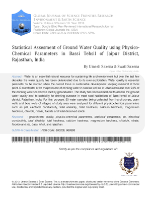 Statistical Assesment of Ground Water Quality using Physico-Chemical Parameters in Bassi Tehsil of Jaipur District, Rajasthan, India
