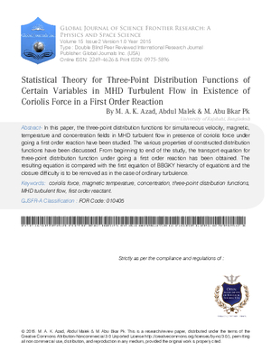 Statistical Theory for Three-Point Distribution Functions of Certain Variables in Mhd Turbulent Flow in Existence of Coriolis Force in a First Order Reaction