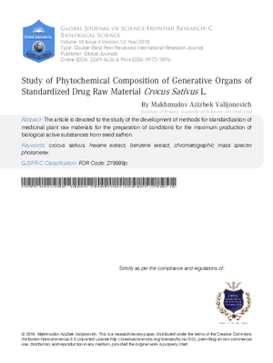 Study of Phytochemical Composition of Generative Organs of Standardized Drug Raw Material Crocus Sativus L