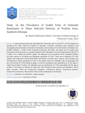 Study on the Prevalence of Ixodid Ticks of Domestic Ruminants in Three Selected Districts of Wolaita Zone, Southern Ethiopia