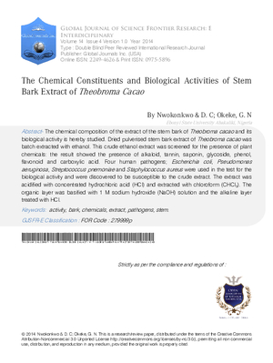 The Chemical Constituents and Biological Activities of Stem Bark Extract of Theobroma Cacao