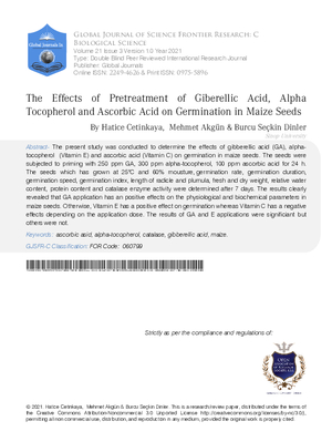 The Effects of Pretreatment of Giberellic Acid, Alpha Tocopherol and Ascorbic Acid on Germination in Maize Seeds