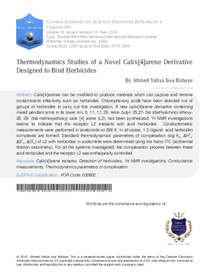 Thermodynamics Studies of a Novel Calix [4] Arene Derivative Designed to Bind Herbicides