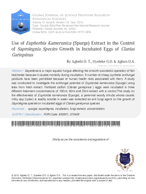 Use of Euphorbia Kamerunica (Spurge) Extract in the Control of Saprolegnia Species Growth in Incubated  Eggs of Clarias Gariepinus