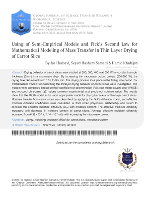 Using of Semi-Empirical Models and Fickas Second Low for Mathematical Modeling of Mass Transfer in Thin Layer Drying of Carrot Slice