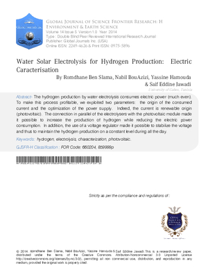 Water Solar Electrolysis for Hydrogen Production: Electric Caracterisation