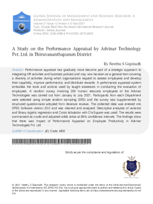 A Study on the Performance Appraisal by Advinar Technology Pvt. Ltd. in Thiruvananthapuram District