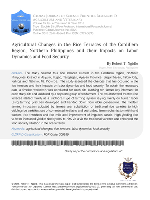 Agricultural Changes in the Rice Terraces of the Cordilleraregion, Northern Philippines and their Impacts on Labor Dynamics and Food Security