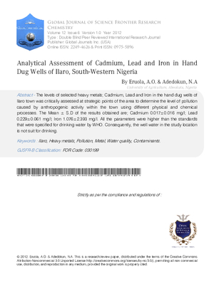 Analytical Assessment of Cadmium, Lead and Iron in Hand Dug Wells of Ilaro, South-Western Nigeria