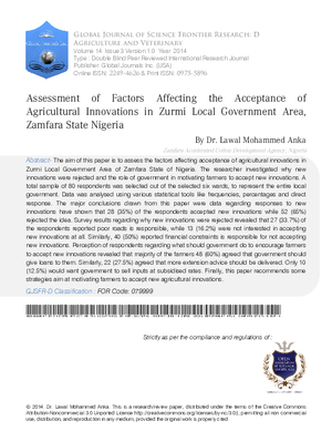 Assessment of Factors Affecting the Acceptance of Agricultural Innovations in  Zurmi Local Government Area  Zamfara State Nigeria