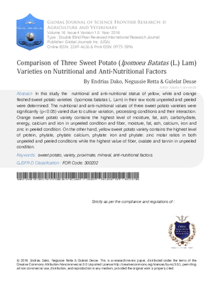 Comparison of Three Sweet Potato (Ipomoea batatas (L.) Lam) Varieties on Nutritional and Anti-nutritional Factors