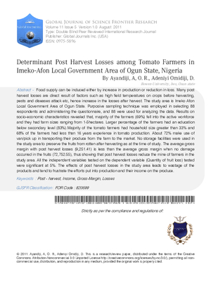 DETERMINANT POST HARVEST LOSSES AMONG TOMATO FARMERS IN IMEKO-AFON LOCAL GOVERNMENT AREA OF OGUN STATE, NIGERIA.