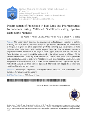 Determination of Pregabalin in Bulk Drug and Pharmaceutical Formulations using Validated Stability-indicating Spectrophotometric Methods