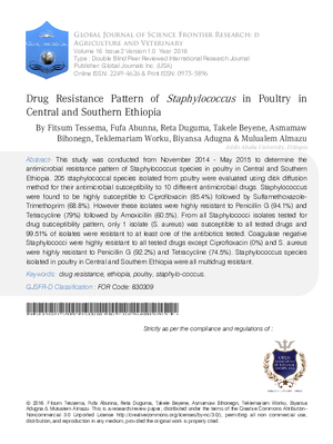 Drug Resistance Pattern of Staphylococcus in Poultry in Central and Southern Ethiopia