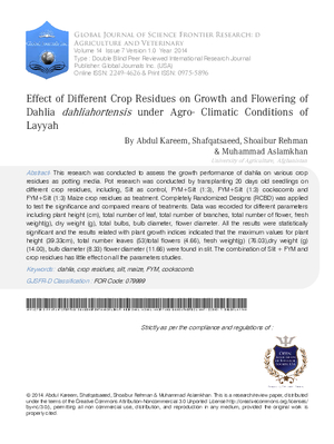 Effect of Different Crop Residues on Growth and Flowering of Dahlia Dahliahortensis under Agro-Climatic Conditions of Layyah