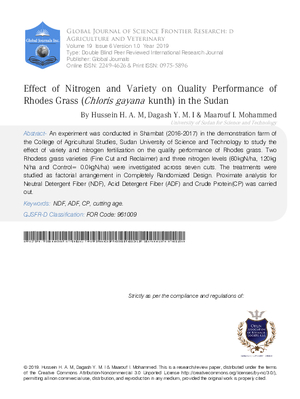 Effect of Nitrogen and Variety on Quality Performance of Rhodes Grass (Chloris gayana Kunth) in the Sudan