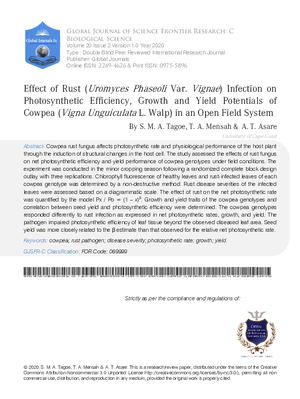 Effect of Rust (Uromyces Phaseoli Var. Vignae) Infection on Photosynthetic Efficiency, Growth and Yield Potentials of Cowpea (Vigna Unguiculata L. Walp) in an Open Field System