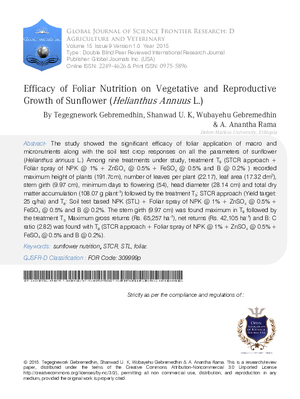Efficacy of Foliar Nutrition on Vegetative and Reproductive Growth of Sunflower