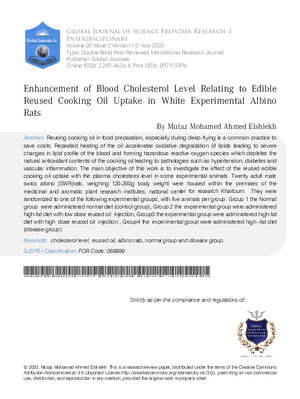 Enhancement of Blood Cholesterol Level Relating to Edible Reused Cooking Oil Uptake in White  Experimental Albino Rats