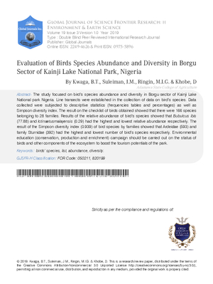 Evaluation of Birds Species Abundance and Diversity in Borgu Sector of Kainji Lake National Park, Nigeria