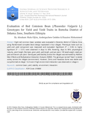 Evaluation of Red Common Bean (Phaseolus vulgaris L.) Genotypes for Yield and Yield Traits in Borecha District of Sidama Zone, Southern Ethiopia