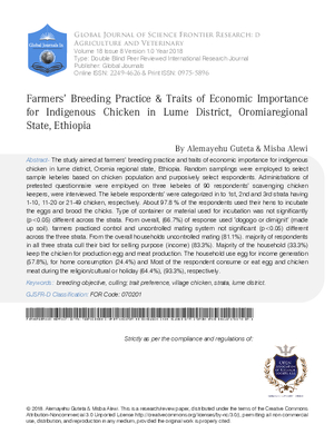 Framers Breeding Practice and Traits of Economic Importance for Indigenous Chicken in Lume District, Oromia Regional State, Ethiopia