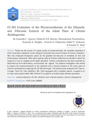 GC-MS Evaluation of the Phytoconstituents of the Ethanolic and N-Hexane Extracts of the Whole Plant of Cleome Rutidosperma