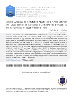 Genetic Analyses of Generation Means For A Cross Between Two Local Breeds Of Chickens:  DjDj- Comparisons Between F3 and Backcrosses For Egg Production Traits