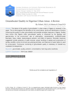 Groundwater Quality in Nigerian Urban Areas: A Review