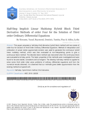 Half - Step Implicit Linear Multistep Hybrid Block Third Derivative Methods of Order Four for the Solution of Third order Ordinary Differential Equations