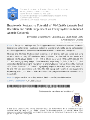 Hepatotoxic Restorative Potential of Whitfieldia Lateritia Leaf Decoction and Vitali Supplement on Phenylhydrazine-Induced Anemic Cockerels