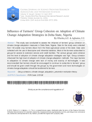 Influence Of Farmersa Group Cohesion On Adoption Of Climate Change Adaptation Strategies In Delta State, Nigeria
