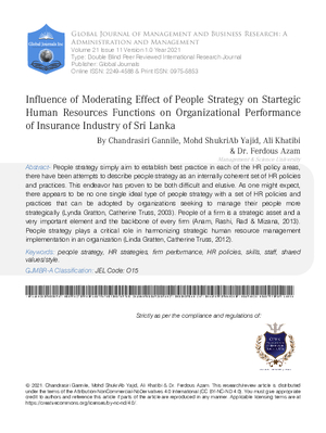 Influence of Moderating Effect of People Strategy on Startegic Human Resources Functions on Organizational Performance of Insurance Industry of Sri Lanka