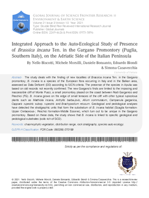 Integrated Approach to the Auto-Ecological Study of Presence of Brassica Incana Ten. in the Gargano (Puglia, southern Italy), on the Adriatic side of the Italian Peninsula