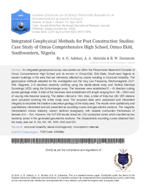 Integrated Geophysical Methods for Post Construction Studies: Case study of Omuo Comprehensive High School, Omuo Ekiti, Southwestern, Nigeria