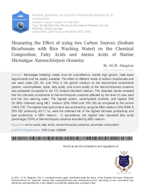 Measuring the Effect of using Two Carbon Sources (Sodium Bicarbonate with Rice Washing Water) on the Chemical Composition, Fatty Acids and Amino Acids of Marine Microalgae Nannochlorpsis Oceanica