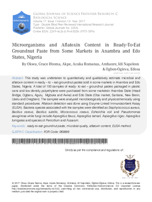 Microorganisms and Aflatoxin Content in Ready-to-Eat Groundnut Paste from some Markets in Anambra and Edo States, Nigeria