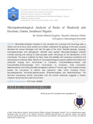 Micropaleontological Analysis of Rocks of Mbakwah and Environs, Gboko, Southeast Nigeria