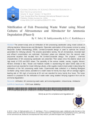 Nitrification of Fish Processing Waste Water using Mixed Cultures of Nitrosomonas and Nitrobactor for Ammonia Degradation (Phase-I)