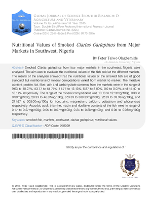 Nutritional Values of Smoked Clarias Gariepinus from Major Markets in Southwest, Nigeria