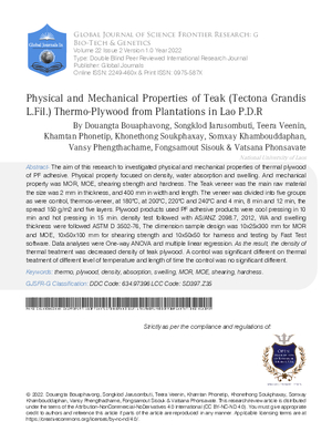 Physical and Mechanical Properties of Teak (Tectona grandis L.fil.) Thermo-Plywood from Plantations in Lao P.D.R
