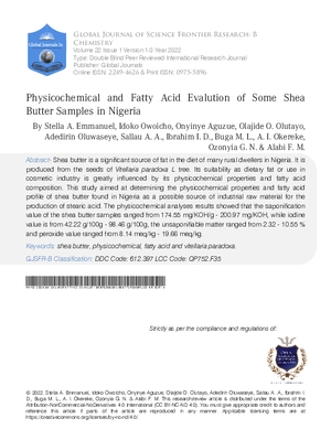 Physicochemical and Fatty Acid Evalution of Some Shea Butter Samples in Nigeria