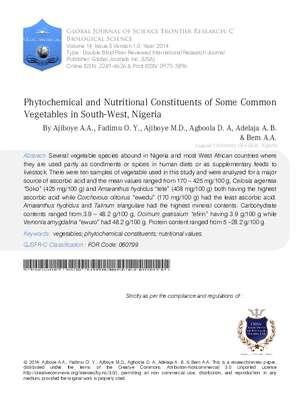 Phytochemical and Nutritional Constituents of Some Common Vegetables in South-West, Nigeria