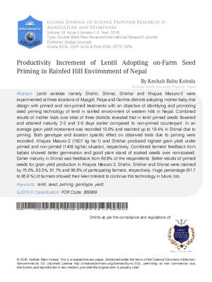 Productivity Increment of Lentil Adopting on-Farm Seed Priming in Rainfed Hill Environment of Nepal